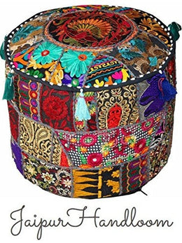 JaipurHandloom Black Indian Pouf Stool Vintage Patchwork Embellished With Patchwork Living Room Ottoman Cover, 46 X 33 Cm or 18X13 inches