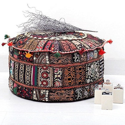 JaipurHandloom Black Indian Traditional Home Decorative Ottoman Handmade and Patchwork Foot Stool Floor Cushion Cover, 58 X 33 Cm or 22 X14 inches-Jaipur Handloom