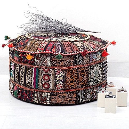 JaipurHandloom Black Indian Traditional Home Decorative Ottoman Handmade and Patchwork Foot Stool Floor Cushion Cover, 58 X 33 Cm or 22 X14 inches-Jaipur Handloom