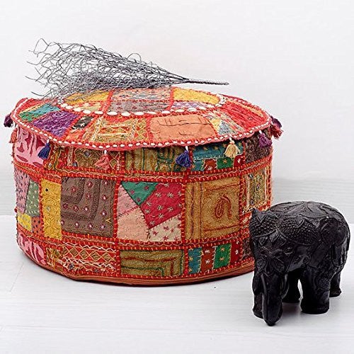 JaipurHandloom Traditional Decorative Ottoman Comfortable Floor Cushion Foot Stool Embellished With Embroidery & Patchwork cover, 58 X 33 Cm-Jaipur Handloom
