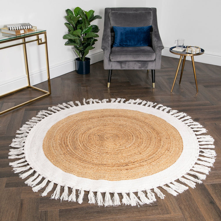 Jute Round Area Rug with tassels online in India - Jaipur Handloom