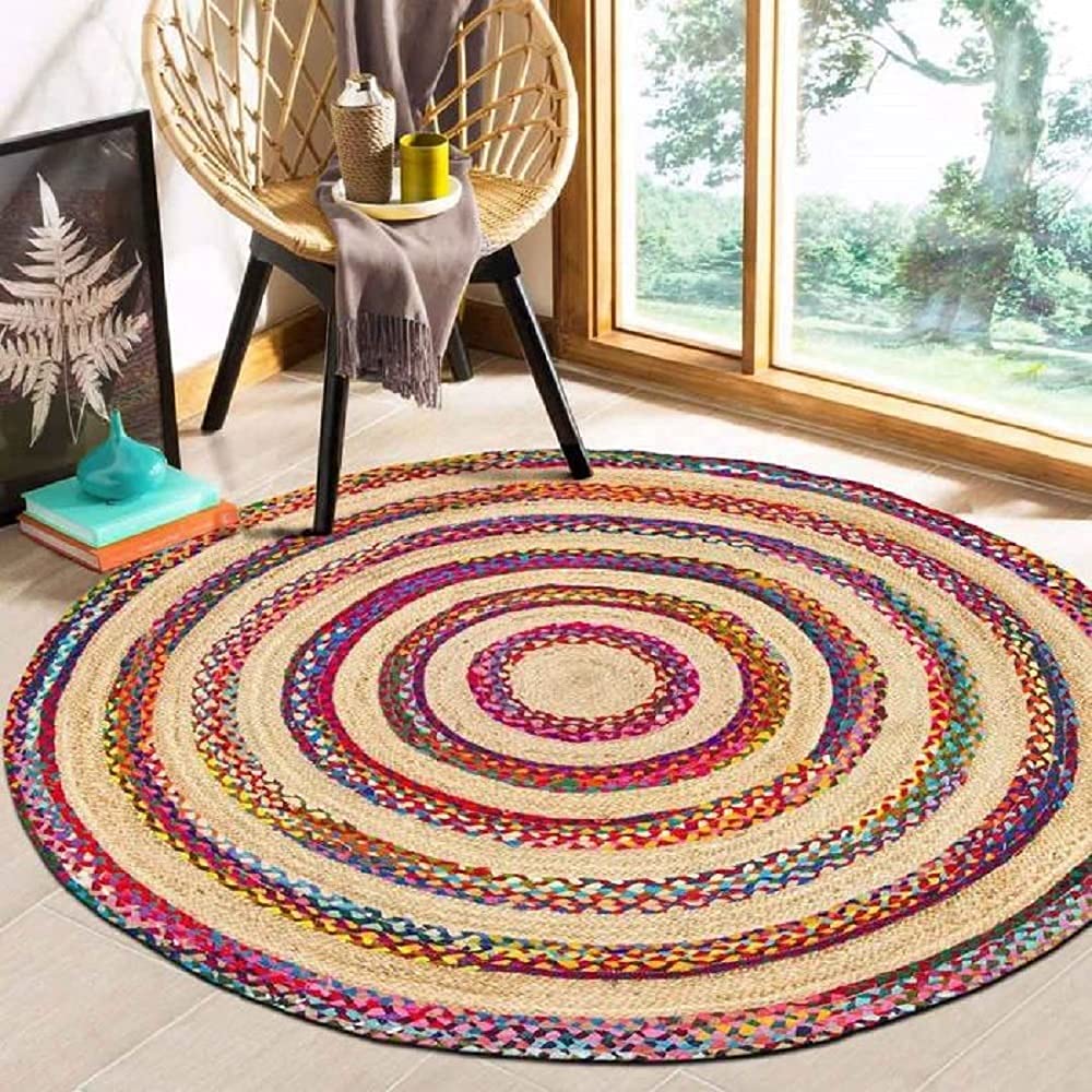 Jute and Multi Cotton Round Rug Reversible round Rug Carpet Living Room