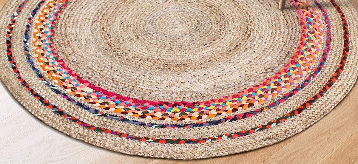 Jaipurhandloom - Jute round rug, circle rugs. Cotton Carnivale Braided Round Rug, 5', Multi-Colored