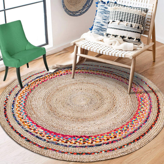 Jaipurhandloom - Jute round rug, circle rugs. Cotton Carnivale Braided Round Rug, 5', Multi-Colored