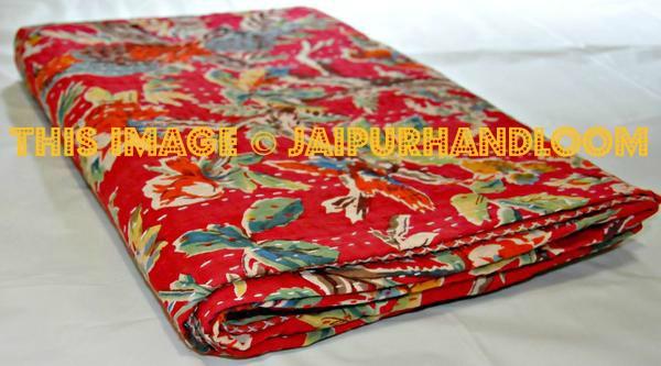 Kantha Bedspread Kantha Quilt Floral Quilt in Bird Print-Jaipur Handloom