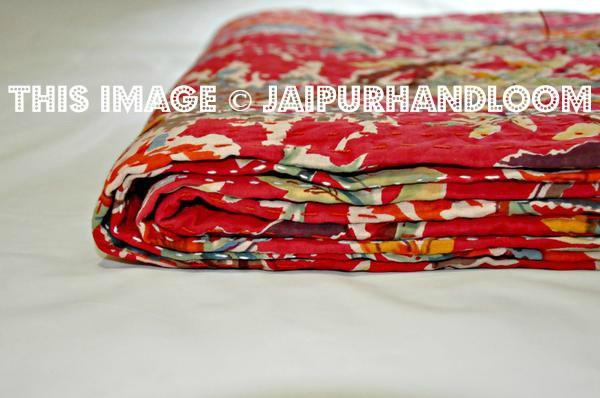 Kantha Bedspread Kantha Quilt Floral Quilt in Bird Print-Jaipur Handloom