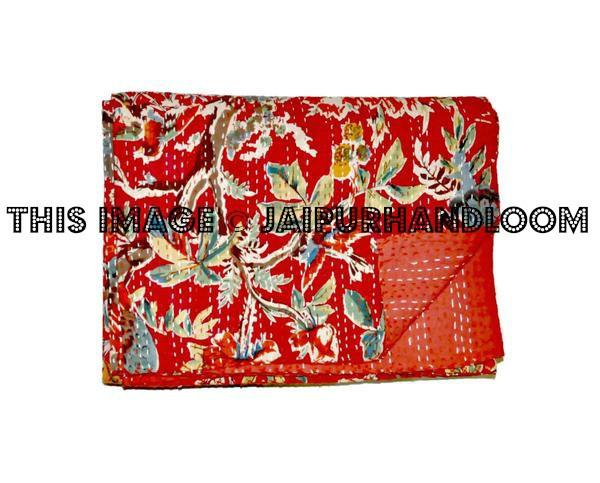 Kantha Bedspread Kantha Quilt Floral Quilt in Bird Print-Jaipur Handloom