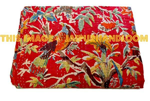 Kantha Bedspread Kantha Quilt Floral Quilt in Bird Print-Jaipur Handloom