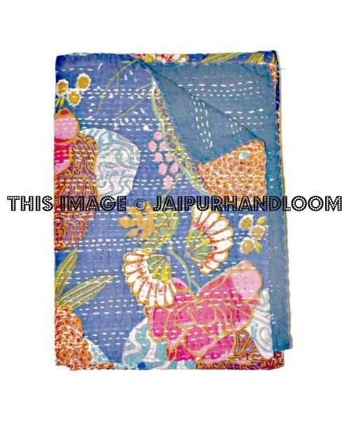 Kantha Quilt, Floral Queen Bed Cover Blanket Bedding-Jaipur Handloom