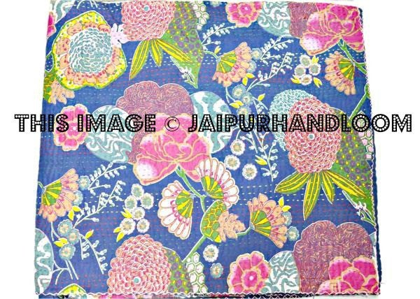 Kantha Quilt, Floral Queen Bed Cover Blanket Bedding-Jaipur Handloom
