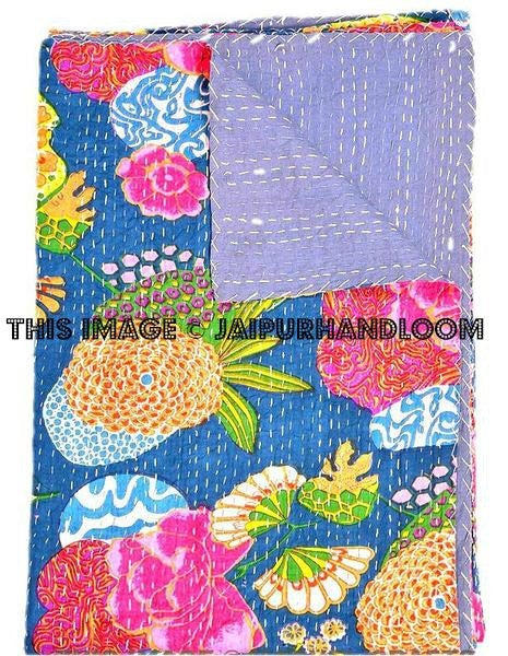 Kantha Quilt, Floral Queen Bed Cover Blanket Bedding-Jaipur Handloom