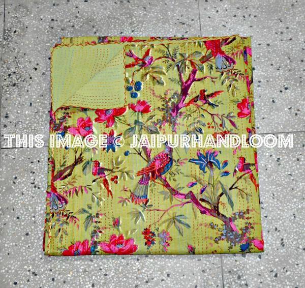 Kantha Quilt, Floral Quilt in Bird, Kantha Blanket, Bed Cover, Twin Blanket, Indian Bedspread, Kantha bedspread, Bohemian Bedding Kantha