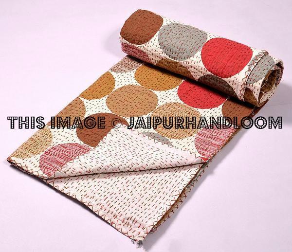Kantha Quilt In Polka dot, kantha Bed cover Bedspread-Jaipur Handloom