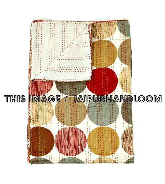 Kantha Quilt In Polka dot, kantha Bed cover Bedspread-Jaipur Handloom