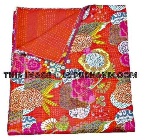 Kantha Quilt In Red, Floral kantha bedspread, kantha bed cover, Kantha throw Blanket in Red, Kantha Bedding, Red Blanket, Indian Sari Quilt-Jaipur Handloom