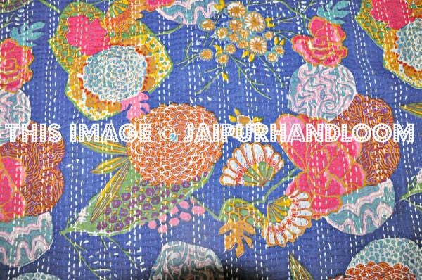Kantha Quilt In blue, Kantha Blanket, Kantha Throw, Kantha Bedspread, Floral kantha quilt, Kantha Blanket, Indian Sari Quilt Throw Bed cover-Jaipur Handloom