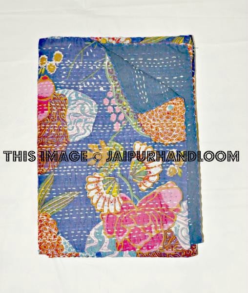 Kantha Quilt In blue, Kantha Blanket, Kantha Throw, Kantha Bedspread, Floral kantha quilt, Kantha Blanket, Indian Sari Quilt Throw Bed cover-Jaipur Handloom