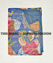 Kantha Quilt In blue, Kantha Blanket, Kantha Throw, Kantha Bedspread, Floral kantha quilt, Kantha Blanket, Indian Sari Quilt Throw Bed cover-Jaipur Handloom