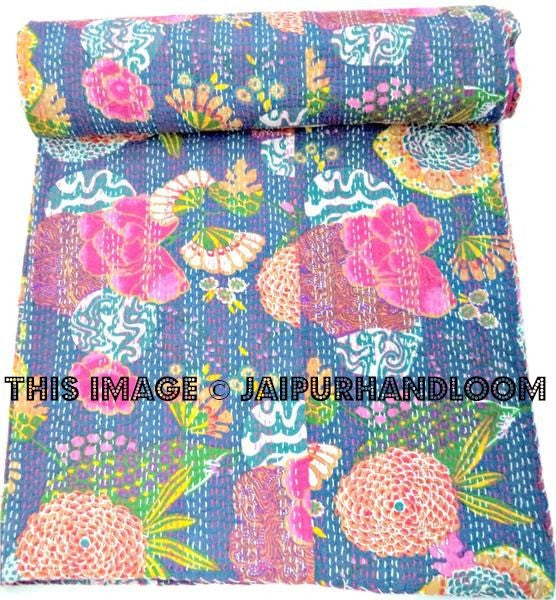Kantha Quilt In blue, Kantha Blanket, Kantha Throw, Kantha Bedspread, Floral kantha quilt, Kantha Blanket, Indian Sari Quilt Throw Bed cover-Jaipur Handloom