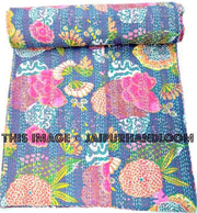 Kantha Quilt In blue, Kantha Blanket, Kantha Throw, Kantha Bedspread, Floral kantha quilt, Kantha Blanket, Indian Sari Quilt Throw Bed cover-Jaipur Handloom