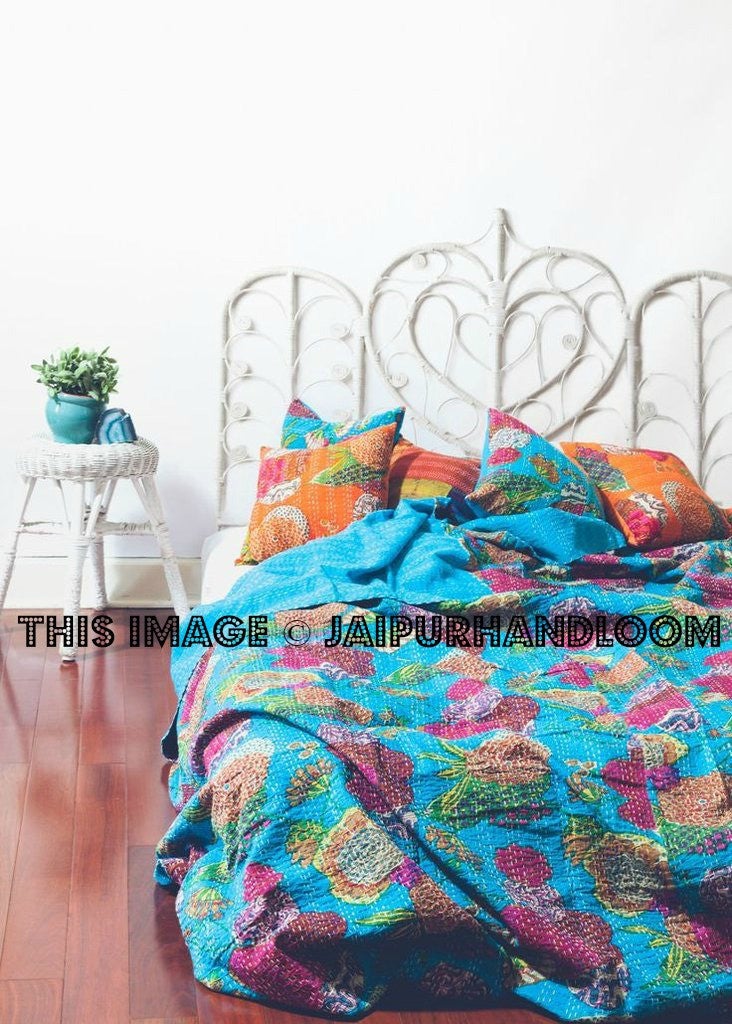 Kantha Quilt Indian Handmade Quilt Reversible Quilt Blue Bedspread Queen Bedding-Jaipur Handloom