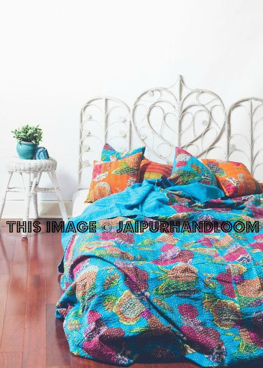 Kantha Quilt Indian Handmade Quilt Reversible Quilt Blue Bedspread Queen Bedding-Jaipur Handloom