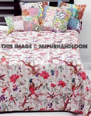 Kantha Quilt Indian Quilt Bird  Floral Bedspread Bed Cover Queen Quilt Bohemian Bedding