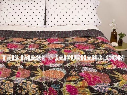 Kantha Quilt Indian Quilt Black Quilt Queen Quilt Bohemian Bedding Bedspread-Jaipur Handloom