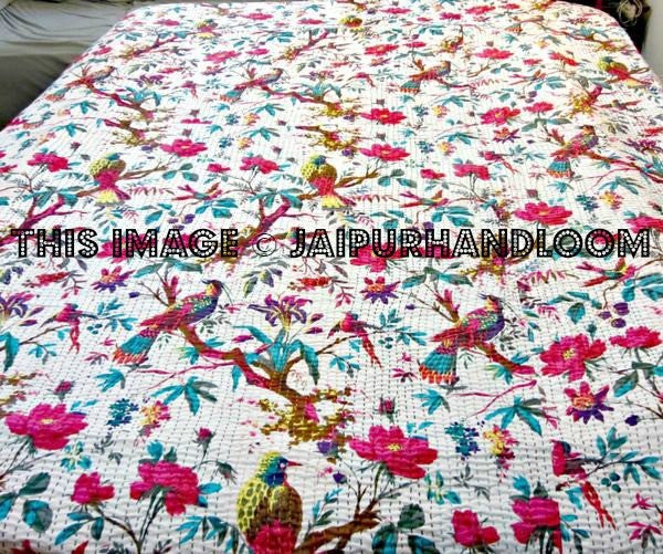 Kantha Quilt - ON SALE indian sari kantha quilt, floral kantha quilt bedding, birds kantha quilted bedspread, kantha quilt bedcover Throw-Jaipur Handloom