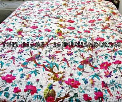Kantha Quilt - ON SALE indian sari kantha quilt, floral kantha quilt bedding, birds kantha quilted bedspread, kantha quilt bedcover Throw-Jaipur Handloom