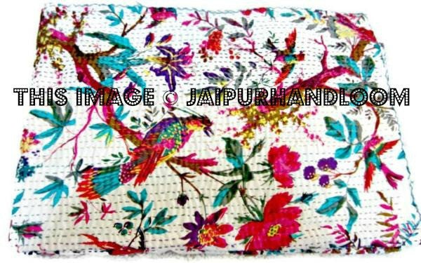 Kantha Quilt - ON SALE indian sari kantha quilt, floral kantha quilt bedding, birds kantha quilted bedspread, kantha quilt bedcover Throw-Jaipur Handloom
