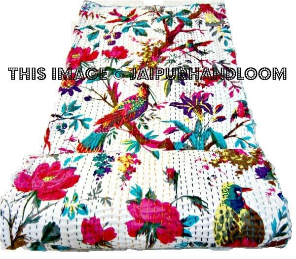 Kantha Quilt - ON SALE indian sari kantha quilt, floral kantha quilt bedding, birds kantha quilted bedspread, kantha quilt bedcover Throw-Jaipur Handloom