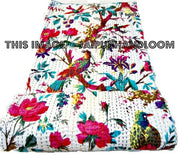 Kantha Quilt - ON SALE indian sari kantha quilt, floral kantha quilt bedding, birds kantha quilted bedspread, kantha quilt bedcover Throw-Jaipur Handloom