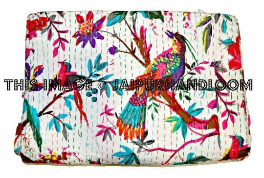 Kantha Quilt - ON SALE indian sari kantha quilt, floral kantha quilt bedding, birds kantha quilted bedspread, kantha quilt bedcover Throw-Jaipur Handloom
