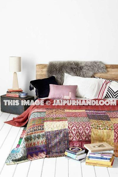 Kantha Quilt Patchwork Quilt Hand Block Print Bedspread-Jaipur Handloom