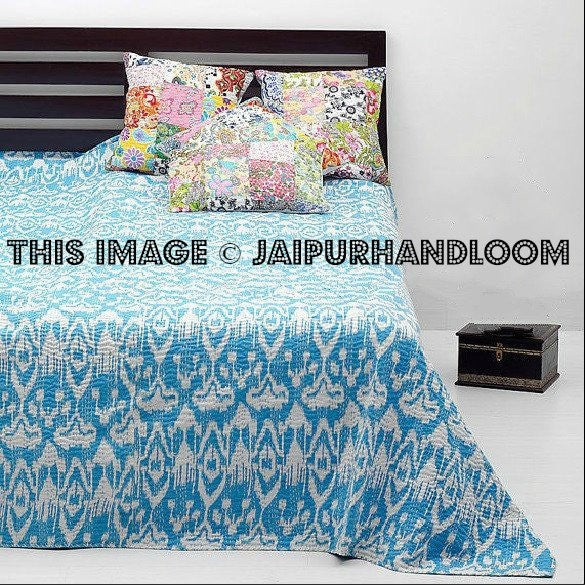 Kantha Quilt Queen Handmade Quilt Turquoise blue Ikat Quilt Indian Sari Bedspread-Jaipur Handloom