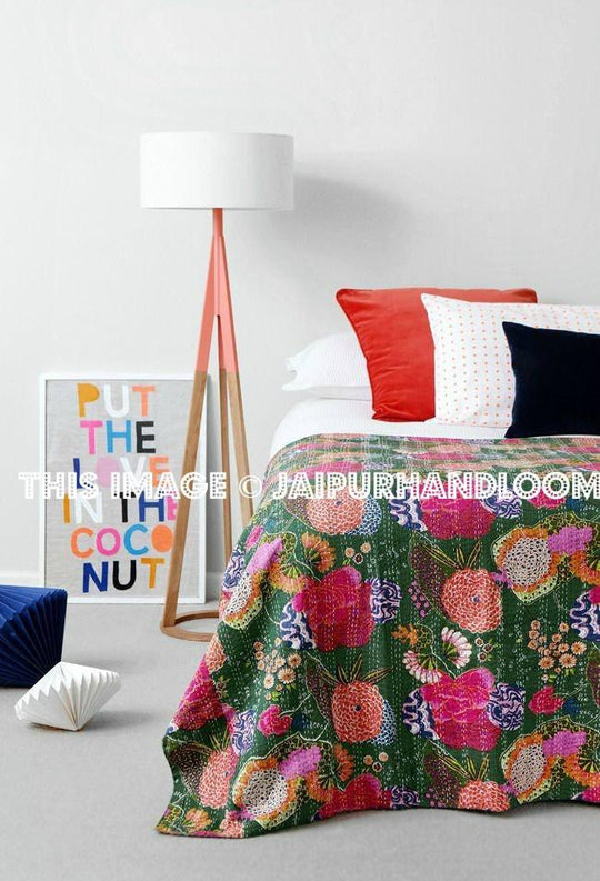 Kantha Quilt Queen Quilt Indian Bedspread Bohemian Bedding Blanket