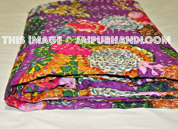 Kantha Quilt Queen Quilt in purple Bed cover Bedding-Jaipur Handloom