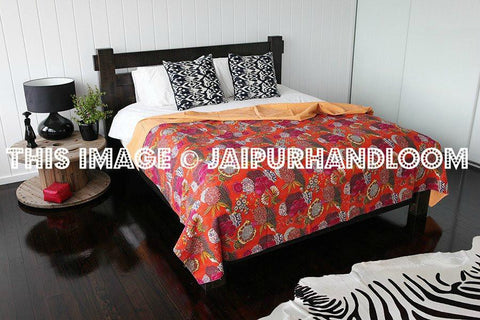 Kantha Quilt Reversible Floral Handmade Quilt Queen Bed Cover Cotton Bedding Art