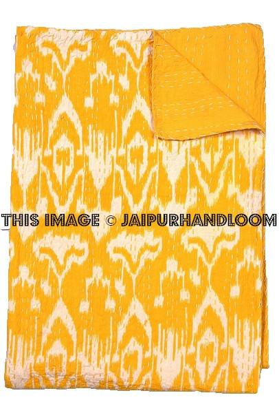Kantha Quilt, Yellow Ikat Kantha Quilt Blanket Yellow Indian Sari kantha Quilted Bedspreads,Throws,Ralli,Gudari Handmade Tapestery Bedding