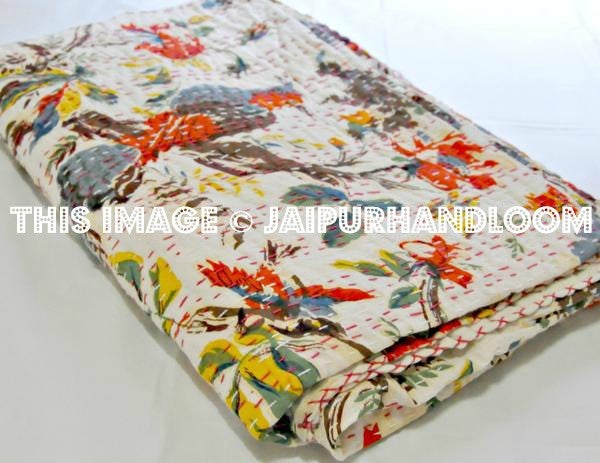 Kantha Quilt, floral birds kantha Quilt, Kantha Throw, Kantha Blanket, Antique Quilt, Handmade Vintage Throw Blanket, indian sari tapestry-Jaipur Handloom