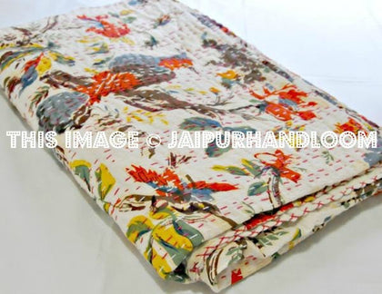 Kantha Quilt, floral birds kantha Quilt, Kantha Throw, Kantha Blanket, Antique Quilt, Handmade Vintage Throw Blanket, indian sari tapestry-Jaipur Handloom