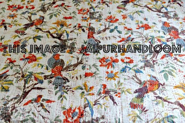 Kantha Quilt, floral birds kantha Quilt, Kantha Throw, Kantha Blanket, Antique Quilt, Handmade Vintage Throw Blanket, indian sari tapestry-Jaipur Handloom