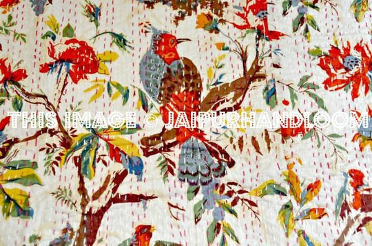 Kantha Quilt, floral birds kantha Quilt, Kantha Throw, Kantha Blanket, Antique Quilt, Handmade Vintage Throw Blanket, indian sari tapestry-Jaipur Handloom