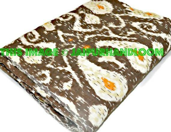 Kantha Quilt in Brown paisley, indian sari Quilt, ikat quilt, Kantha Throw, Kantha Blanket, Reversible ikat Quilt, Handmade ikat Throw Quilt
