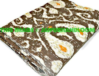 Kantha Quilt in Brown paisley, indian sari Quilt, ikat quilt, Kantha Throw, Kantha Blanket, Reversible ikat Quilt, Handmade ikat Throw Quilt