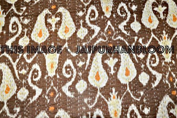 Kantha Quilt in Brown paisley, indian sari Quilt, ikat quilt, Kantha Throw, Kantha Blanket, Reversible ikat Quilt, Handmade ikat Throw Quilt