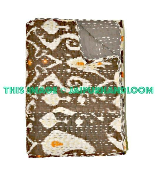 Kantha Quilt in Brown paisley, indian sari Quilt, ikat quilt, Kantha Throw, Kantha Blanket, Reversible ikat Quilt, Handmade ikat Throw Quilt