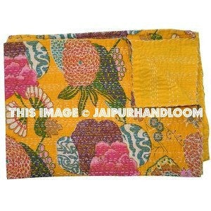 Kantha Quilt in Queen Yellow Floral Quilt Handmade Quilt-Jaipur Handloom