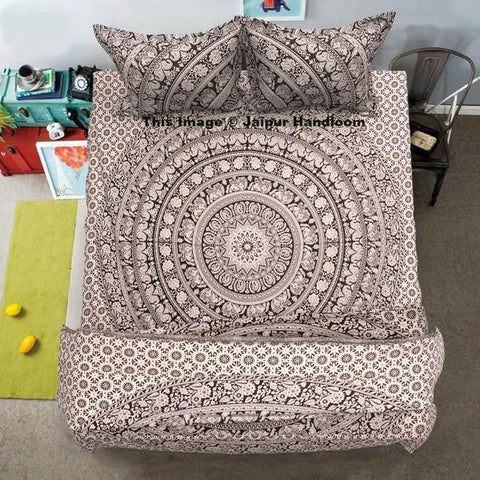 King Size Black and White Mandala Bedding Set with Bed Cover and 2 pillows-Jaipur Handloom